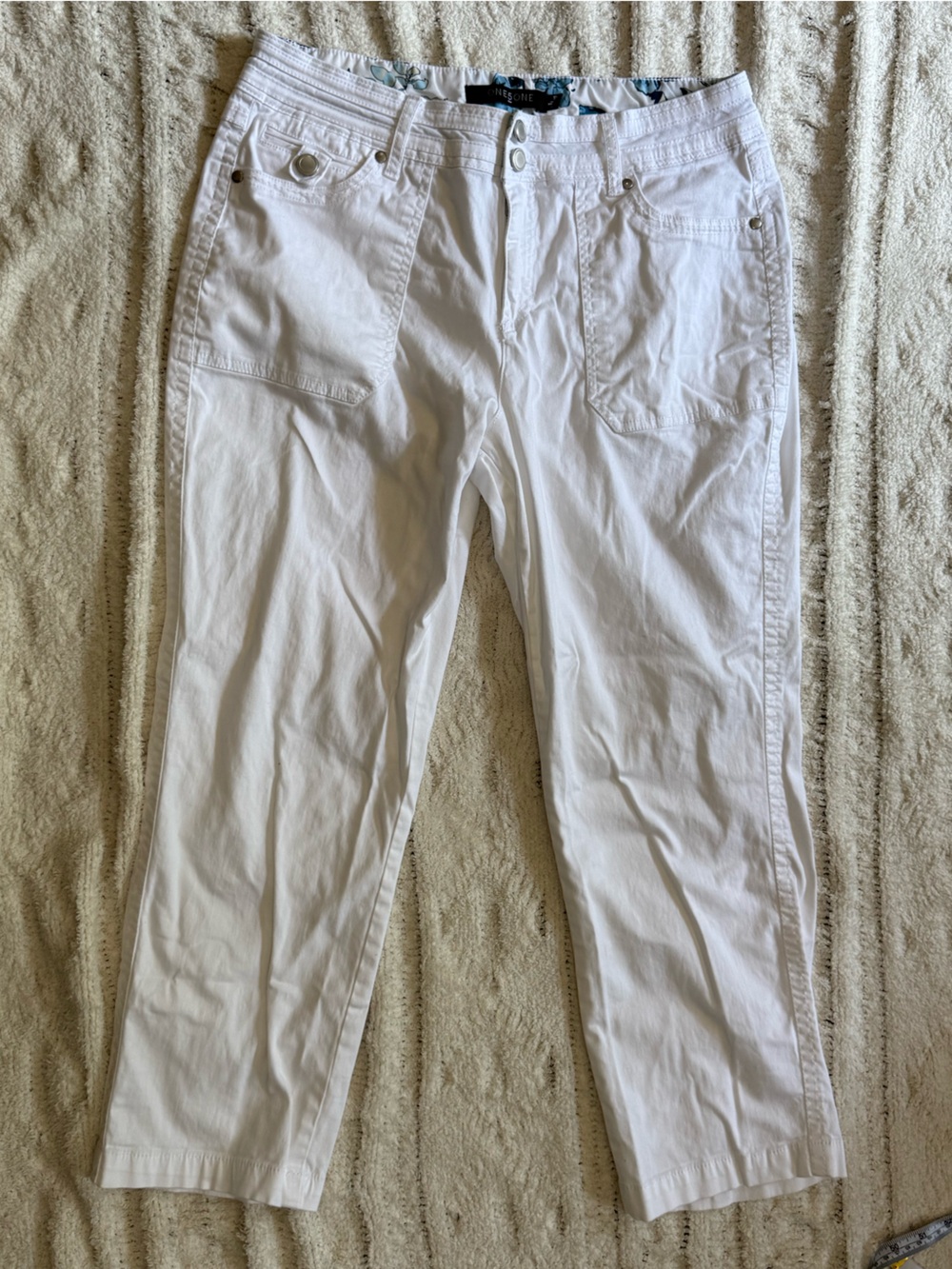 ONE5ONE White Cropped Pants Floral Waistband Stretch Cotton Size 10 - Picture 2 of 14